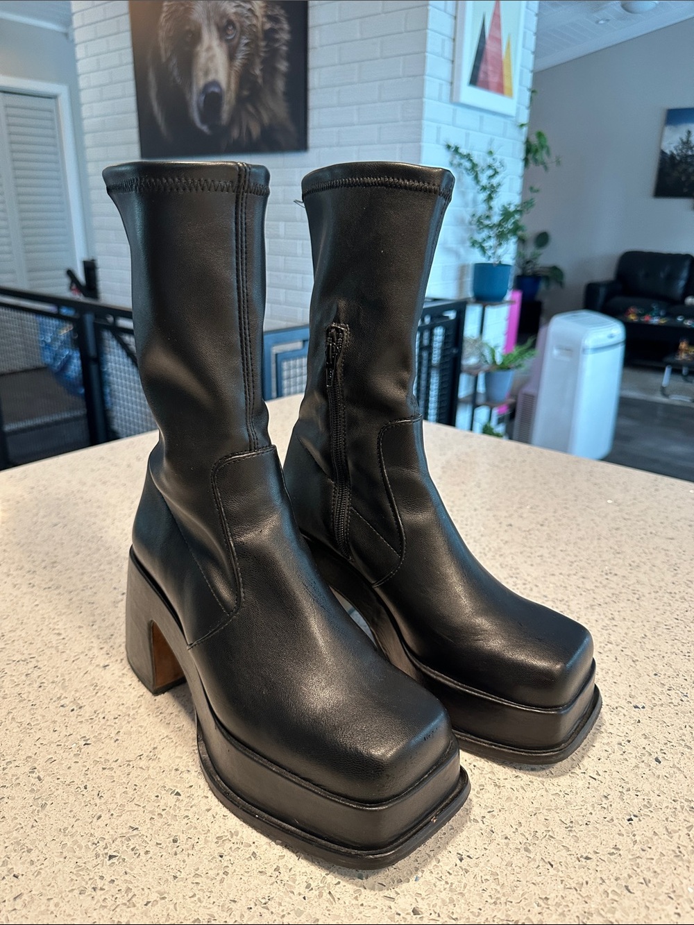 Black Platform Square-Toe Mid-Calf Boots - Women